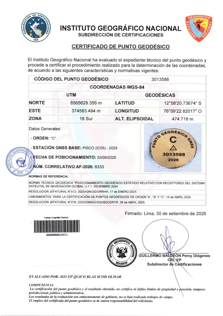 Certificado de punto geodésico de orden C emitido por el Instituto Geográfico Nacional