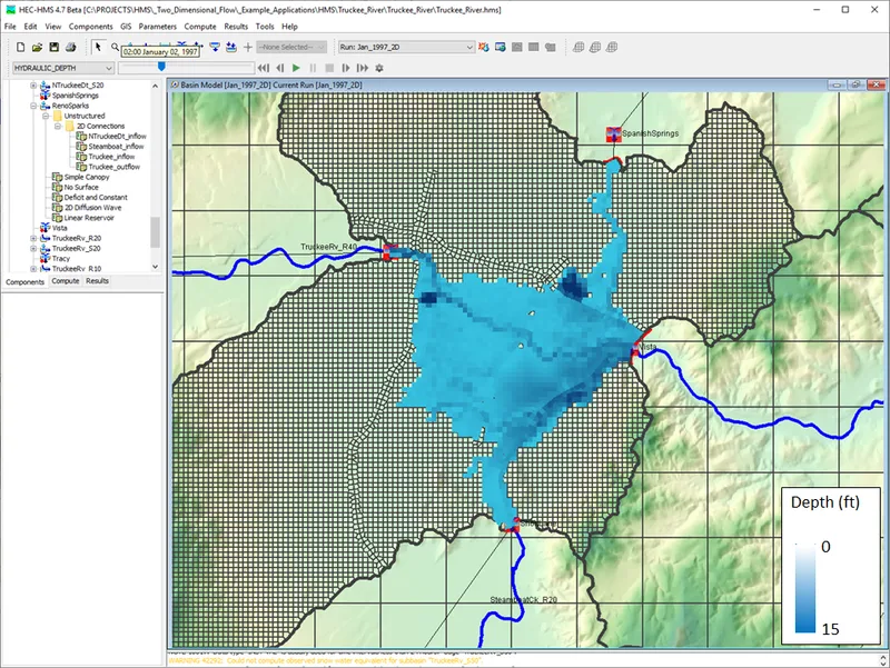 Software de modelación con una malla 2D y la mancha de inundación de una cuenca