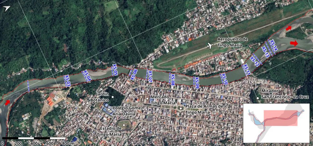 Mapa de Tingo María con las secciones de aforo sobre el río Huallaga