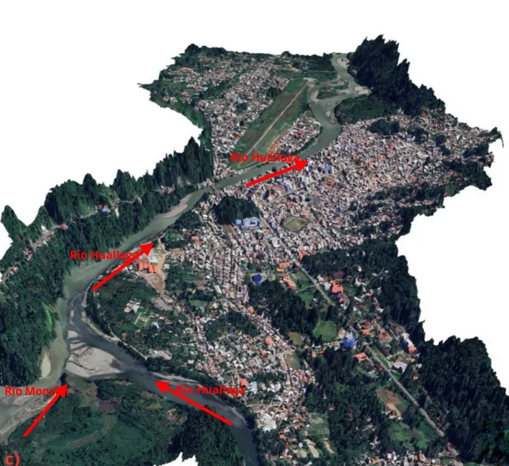 Vista en 3D de la confluencia de los ríos Monzón y Huallaga junto a la ciudad de Tingo María