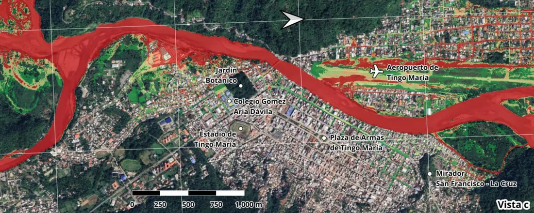 Mapa de peligrosidad por inundación en Tingo María, del nivel bajo al extremo