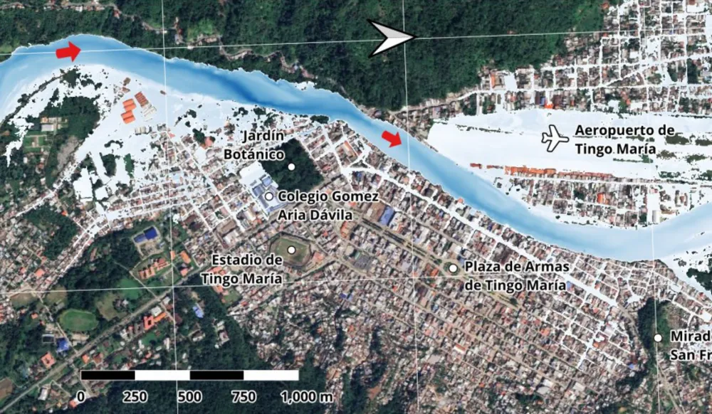 Mapa de profundidad de inundación sobre la ciudad de Tingo María y el río Huallaga