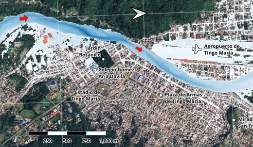 Mapa de profundidad de inundación sobre la ciudad de Tingo María y el río Huallaga