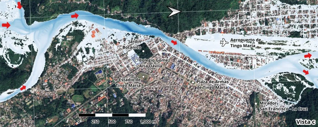 Mapa de profundidad máxima de inundación sobre Tingo María para 100 años de periodo de retorno