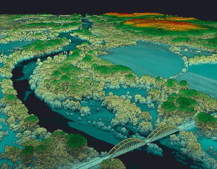 Nube de puntos LiDAR en 3D de un río con puente y vegetación ribereña