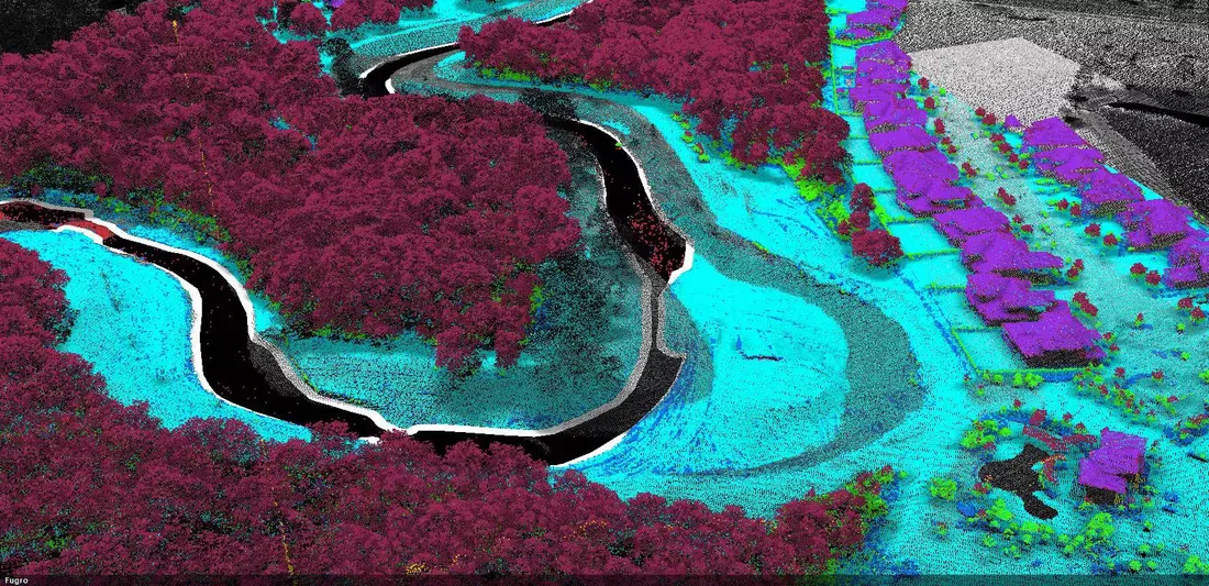 Nube de puntos LiDAR clasificada de un río y su entorno
